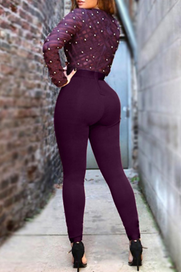 Sexy Round Neck Long Sleeves Gauze Patchwork +Pearl Decoration Purple Healthy Fabric One-piece Skinny Jumpsuits