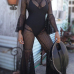 Sexy Round Neck Long Sleeves Hollow-out Black Gauze One-piece Jumpsuits(Without Lining)