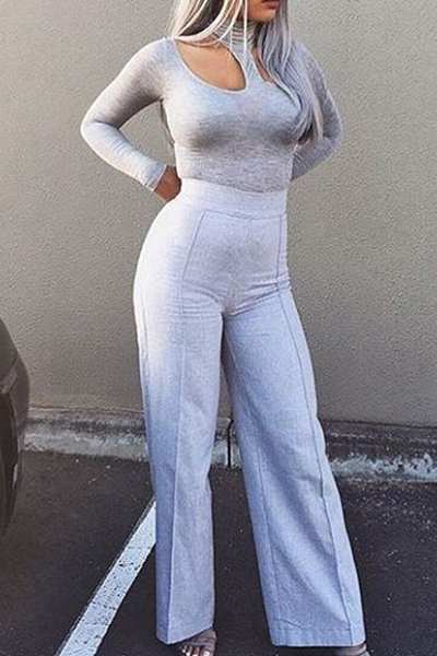 Sexy Round Neck Long Sleeves Hollow-out Gray Cotton Blends One-piece Skinny Jumpsuits