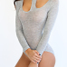 Sexy Round Neck Long Sleeves Hollow-out Gray Cotton Blends One-piece Skinny Jumpsuits