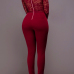 Sexy Round Neck Long Sleeves Patchwork See-Through Wine Red Healthy Fabric One-piece Skinny Jumpsuits