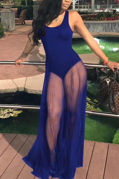 Sexy Round Neck See-Through Royalblue Cotton One-piece Jumpsuits