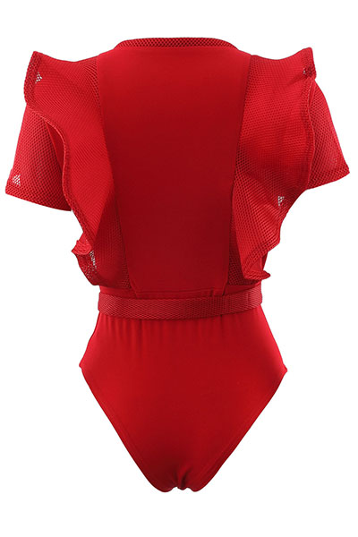 Sexy Round Neck Short Sleeves See-Through Red Polyester One-piece Skinny Jumpsuits