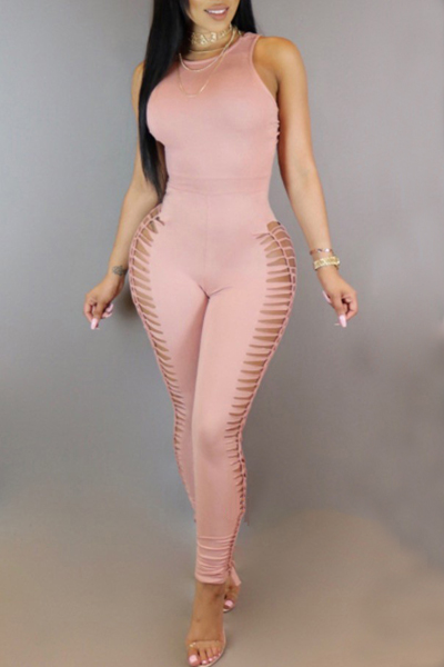 Sexy Round Neck Side Hollow-out Pink Blending One-piece Jumpsuits(Without Necklace)