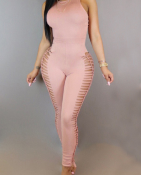 Sexy Round Neck Side Hollow-out Pink Blending One-piece Jumpsuits(Without Necklace)
