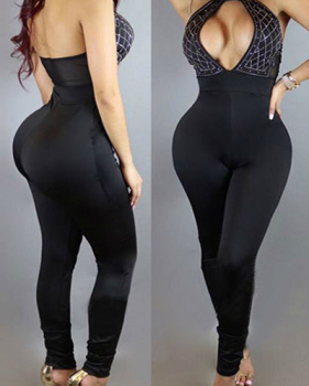 Sexy Round Neck Sleeveless Backless Black Healthy Fabric One-piece Skinny Jumpsuits