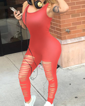 Sexy Round Neck Sleeveless Hollow-out Fluorescein Red Qmilch One-piece Skinny Jumpsuits