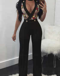 Sexy Round Neck V-shaped Hollow-out Black Twilled One-piece Jumpsuits