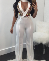 Sexy Round Neck V-shaped Hollow-out White Twilled One-piece Jumpsuits