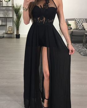 Sexy See-Through Backless Black Chiffon One-piece Jumpsuits