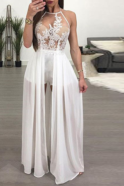 Sexy See-Through Backless White Chiffon One-piece Jumpsuits