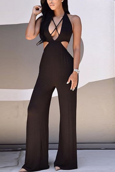 Sexy Sleeveless Backless Black Knitting One-piece Loose Jumpsuits