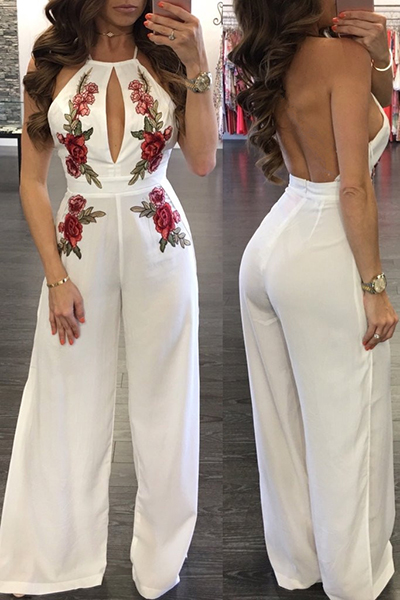 Sexy Sleeveless Backless White Twilled One-piece Jumpsuits