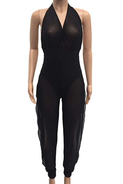 Sexy Sleeveless See-Through Black Gauze One-piece Skinny Jumpsuits