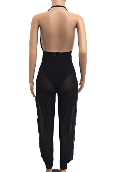 Sexy Sleeveless See-Through Black Gauze One-piece Skinny Jumpsuits