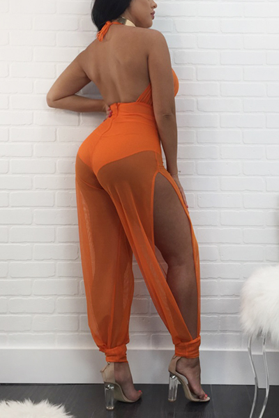 Sexy Sleeveless See-Through Orange Gauze One-piece Skinny Jumpsuits