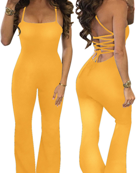 Sexy Spaghetti Strap Backless Yellow Twilled One-piece Skinny Jumpsuits