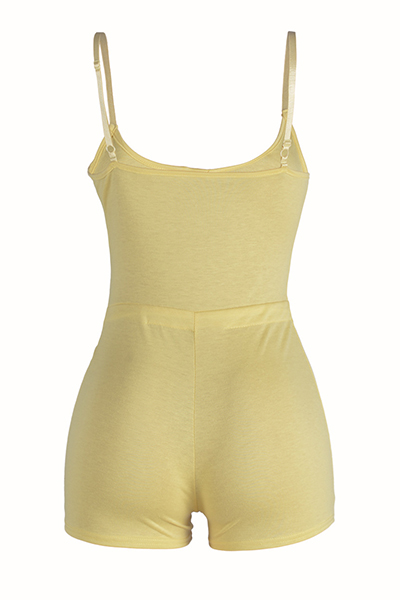 Sexy Spaghetti Strap Yellow Polyester One-piece Skinny Jumpsuits