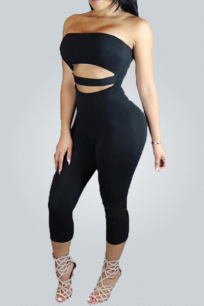 Sexy Strapless Hollow-out Black Cotton Blends One-piece Skinny Jumpsuits