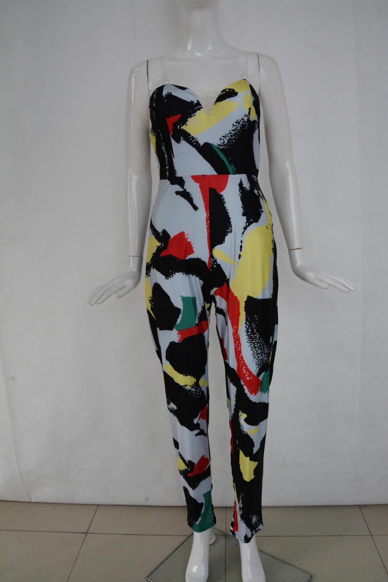 Sexy Strapless Sleeveless Multi-colored Print Polyester One-piece Regular Jumpsuit