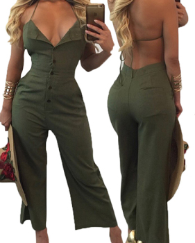 Sexy V Neck Backless Army Green Cotton One-piece Jumpsuits