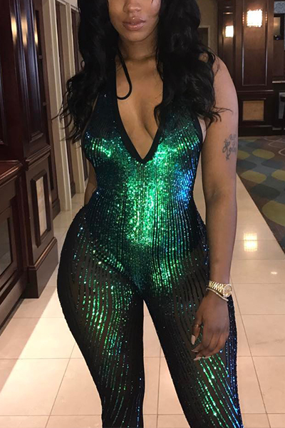 Sexy V Neck Backless Green Sequined One-piece Jumpsuits
