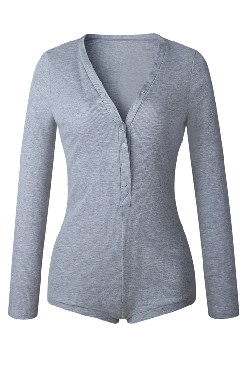 Sexy V Neck Buttons Design Grey Cotton Blends One-piece Skinny Jumpsuits