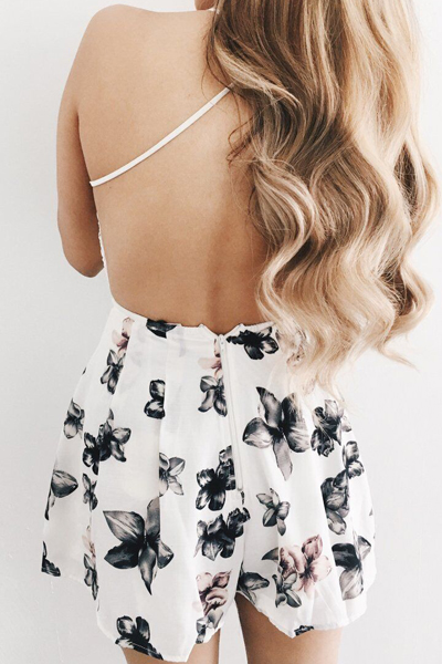 Sexy V Neck Floral Print White Blending One-piece Jumpsuits