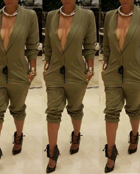 Sexy V Neck Long Sleeves Army Green Spandex One-piece Regular Jumpsuit