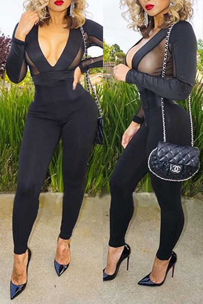 Sexy V Neck Long Sleeves Gauze Patchwork Black Polyester One-piece Skinny Jumpsuits
