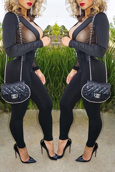 Sexy V Neck Long Sleeves Gauze Patchwork Black Polyester One-piece Skinny Jumpsuits