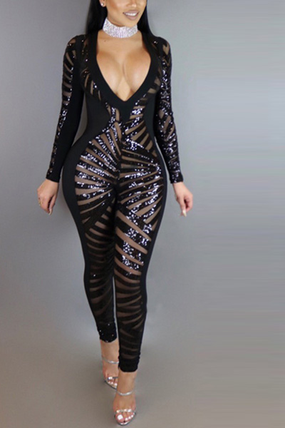 Sexy V Neck Long Sleeves See-Through Black Qmilch One-piece Skinny Jumpsuits