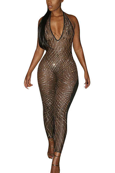 Sexy V Neck See-Through Gold Gauze One-piece Skinny Jumpsuits