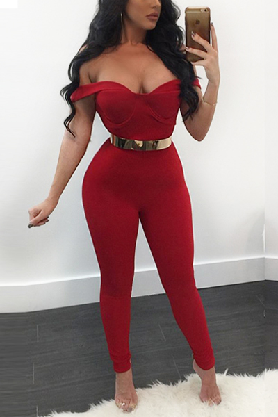 Sexy V Neck Short Sleeves Red Qmilch One-piece Skinny Jumpsuits(Without Belt)