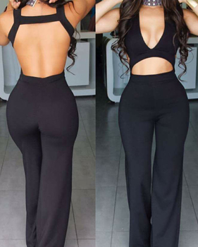 Sexy V Neck Sleeveless Backless Black Healthy Fabric One-piece Skinny Jumpsuits