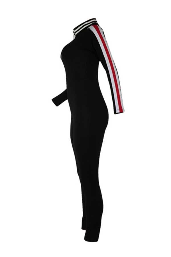 Sexy V Neck Striped Patchwork Black Cotton Blends One-piece Jumpsuits
