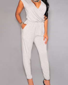 Sexy V Neck Tank Sleeveless Solid Grey Polyester One-piece Regular Jumpsuit
