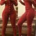 Slim V Neck Long Sleeves Single-breasted Red Cotton Blend One-piece Skinny Jumpsuit
