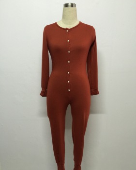 Slim V Neck Long Sleeves Single-breasted Red Cotton Blend One-piece Skinny Jumpsuit