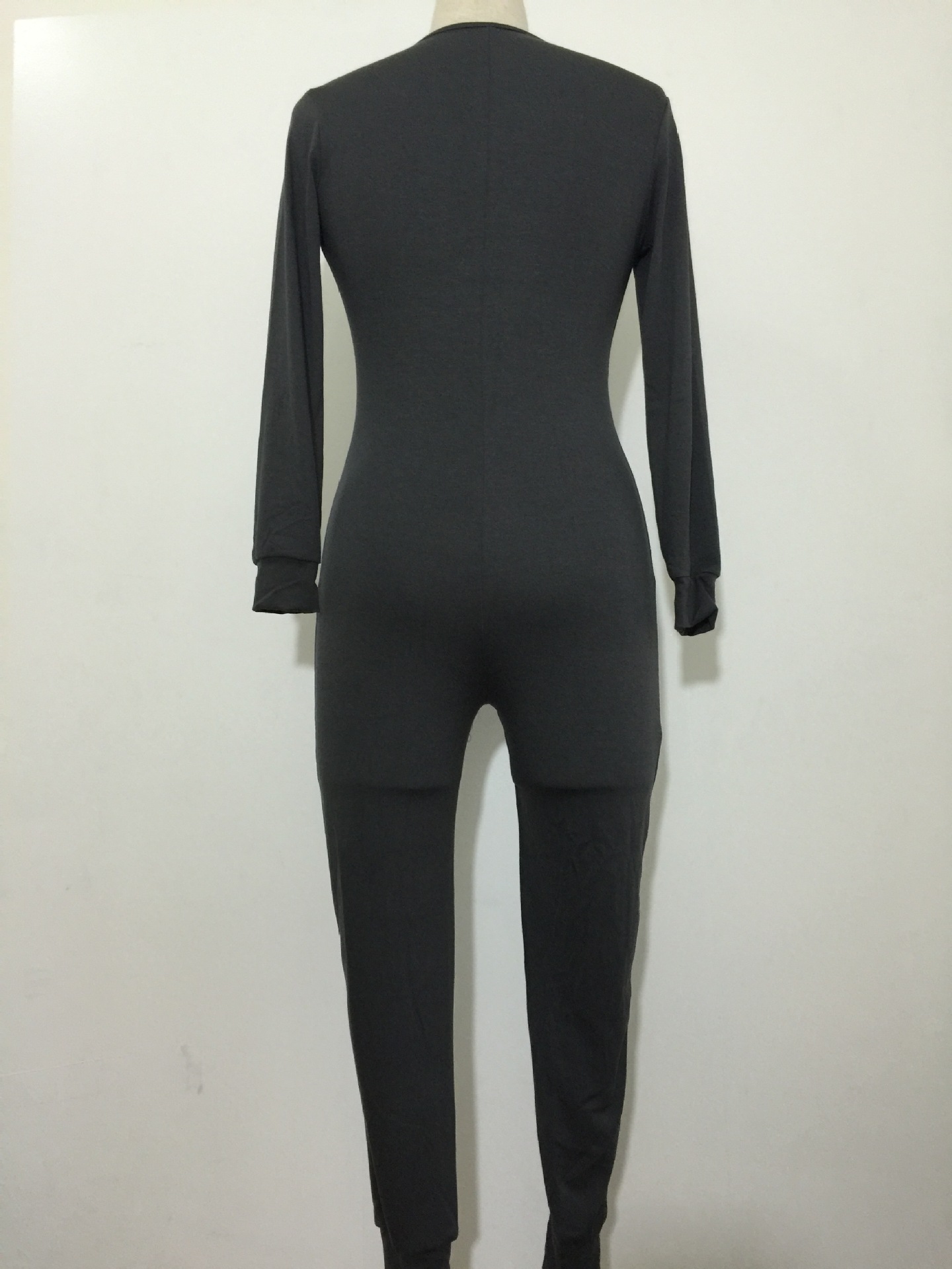 Slim V Neck Long Sleeves Single-breasted Water Black Cotton Blend One-piece Skinny Jumpsuit