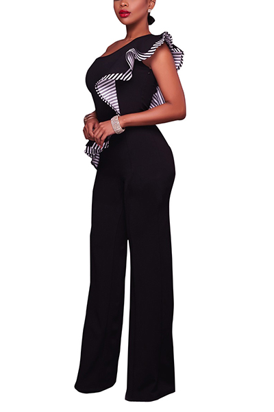 Stylish Asymmetrical Black Cotton One-piece Jumpsuits