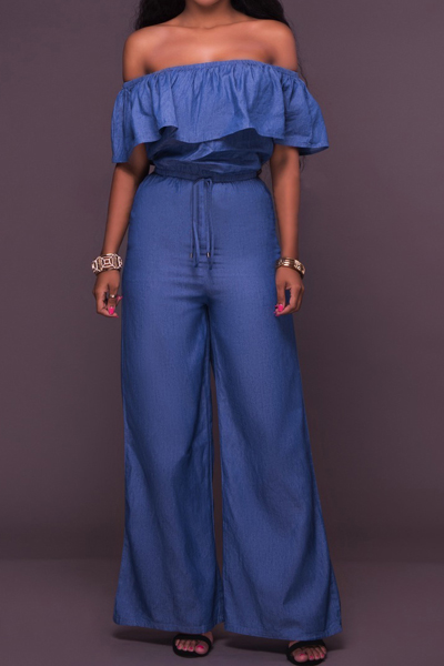 Stylish Dew Shoulder Falbala Design Blue Denim One-piece Jumpsuits(Without Bracelet)