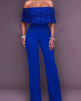 Stylish Dew Shoulder Hollow-out Blue Twilled One-piece Jumpsuits