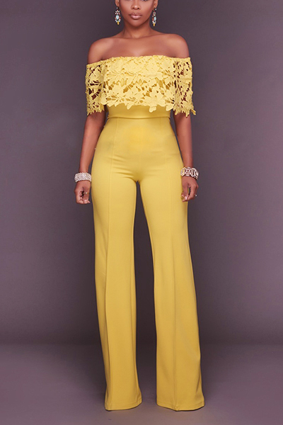 Stylish Dew Shoulder Hollow-out Yellow Twilled One-piece Jumpsuits