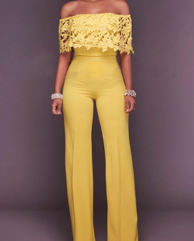 Stylish Dew Shoulder Hollow-out Yellow Twilled One-piece Jumpsuits