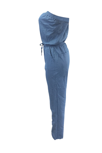 Stylish Dew Shoulder Light Blue Denim One-piece Jumpsuits