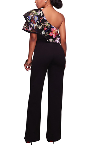 Stylish Embroidered Design Asymmetrical Black Cotton Blends One-piece Jumpsuits