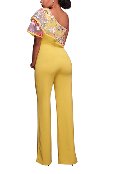 Stylish Embroidered Design Asymmetrical Yellow Cotton Blends One-piece Jumpsuits