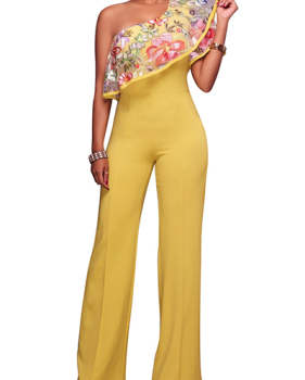 Stylish Embroidered Design Asymmetrical Yellow Cotton Blends One-piece Jumpsuits