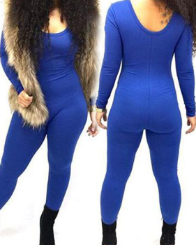 Stylish O Neck Long Sleeves Royalblue Qmilch One-piece Skinny Jumpsuit